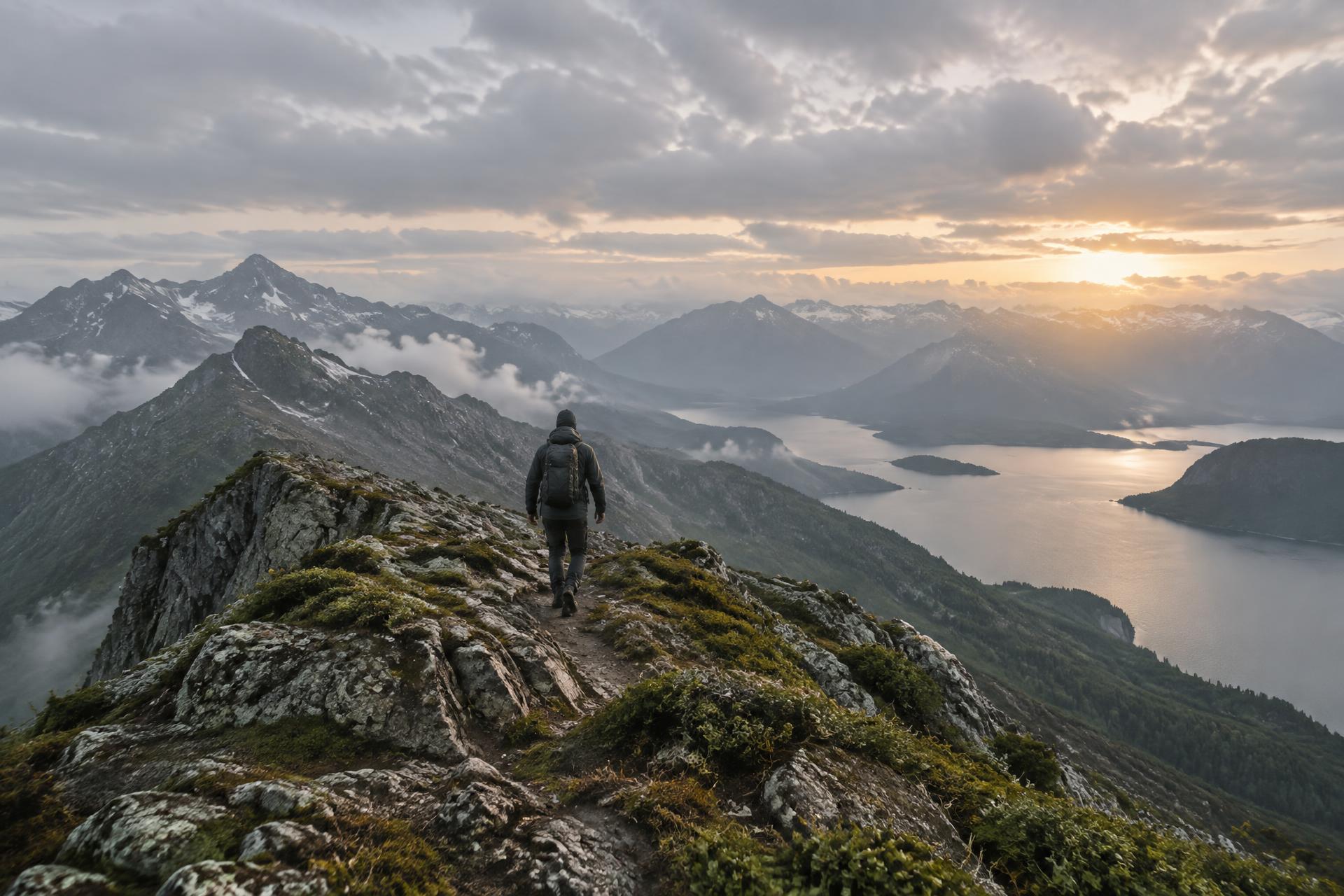 A walker crossing an alpine ridge above a mountain lake